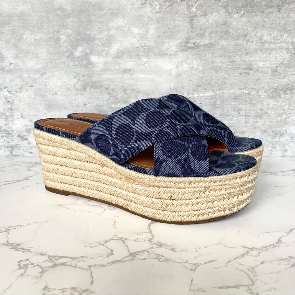 🔥COACH Denim Monogram Wedge Espadrille Sandals Heels Women’s 8